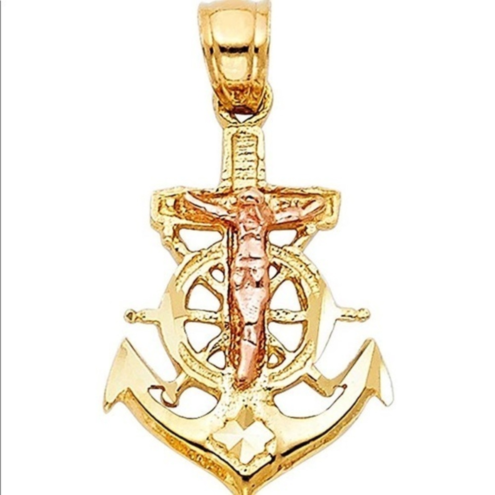 14K Real Gold Cross Jesus Anchor Charm Pendant